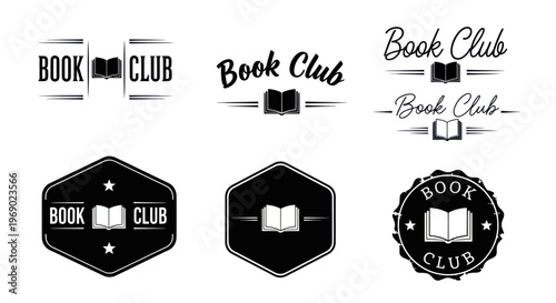 A collection of book club logos and badges with book and club elements.