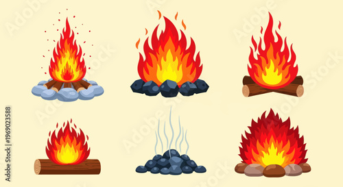 A collection of campfires burning on various natural settings with stones and logs.