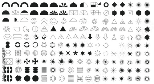 Geometric shapes and symbols arranged in rows on a white background