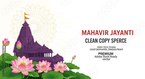 An ornate Jain temple silhouette is depicted with lotus flowers in this Mahavir Jayanti poster design, a vector illustration against a clean white backdrop conveying a spiritual mood