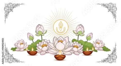 An intricately designed Mahavir Jayanti poster features lotus flowers and lit diyas, embodying Indian spiritual celebration, with a clean white background and ornate corner decorations