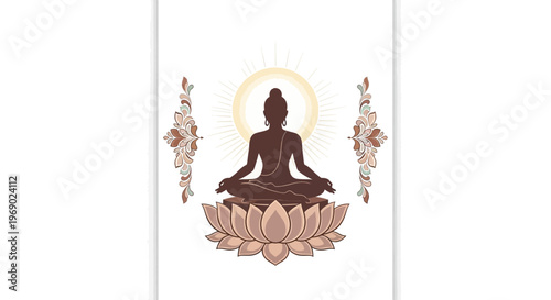 Minimalist Mahavir Jayanti poster design featuring a meditating silhouette figure above a lotus, with floral decoration and temple architecture on a clean white backdrop
