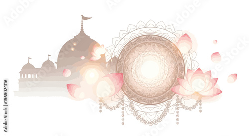 An Indian spiritual celebration poster design features a silhouette of Jain temples and lotus blossoms with decorative accents, set against a clean white background in a soft, glowing color