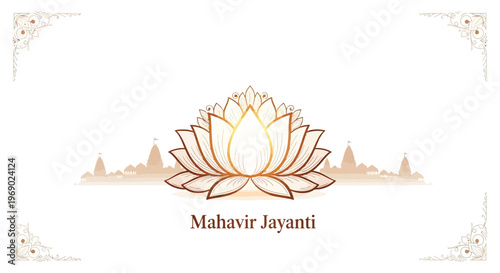 Elegant Mahavir Jayanti vector design featuring a golden lotus flower and temple silhouettes against a clean white background, ideal for social media, with floral decorations