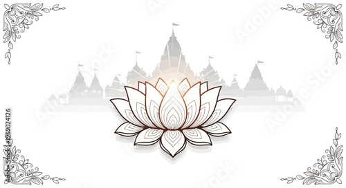Elegant Mahavir Jayanti poster design featuring a lotus blossom illustration and temple silhouettes, designed for social media with delicate floral corner decorations against a clean white