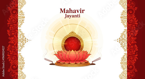 Ornate Mahavir Jayanti poster design featuring a golden temple silhouette above a red lotus and circular geometric ornament, with a festive and spiritual mood against a white and red