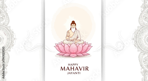 A serene Mahavir Jayanti poster design showcases an illustration of a meditating figure atop a pink lotus, creating a spiritual and decorative social media asset against a clean white