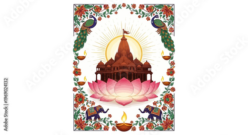 An ornate Mahavir Jayanti poster design features a Jain temple illustration set on a lotus flower, framed by peacocks, elephants, and floral decorations, conveying a spiritual and festive