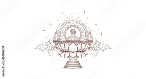 An ornate Mahavir Jayanti illustration featuring temple silhouettes and floral decorations in a sepia tone, designed as a vector poster for a Jain festival, conveying a spiritual