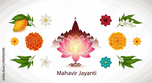 A vibrant Mahavir Jayanti poster design featuring a central lotus with a temple silhouette, complemented by floral decorations and mangoes against a clean white background