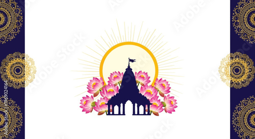 A vibrant Mahavir Jayanti poster design presents a silhouette of a Jain temple surrounded by pink lotus flowers against a white backdrop, with golden mandala decorations