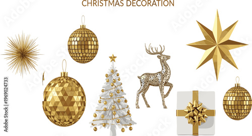 Elegant golden Christmas decoration vector set with luxury 3D baubles white tree deer star gift box and sparkling holiday ornaments isolated on white background.