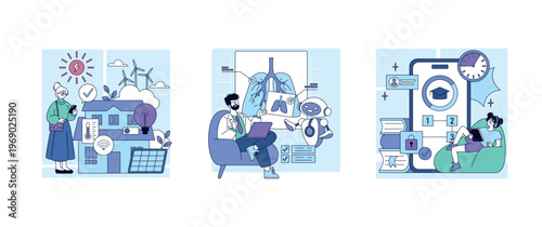 Sustainable Living, AI Medicine, and Online Learning Vector Illustration