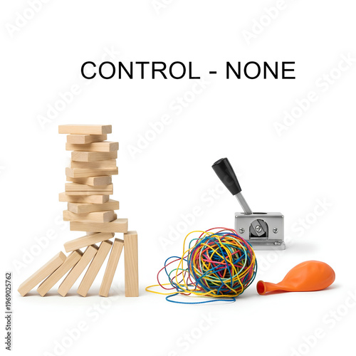 Wooden blocks rubber band ball switch and balloon composition.