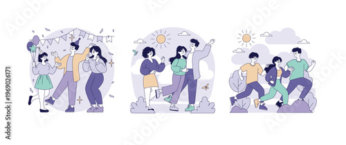 Festive Dancing and Joyful Walk Vector Illustration Set