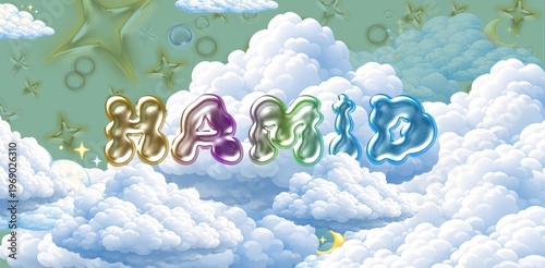 hamid name. Colorful 3D Cloud Fantasy Background with Glossy Balloon Letters. Dreamy Sky, Stars and Soft Clouds Illustration.