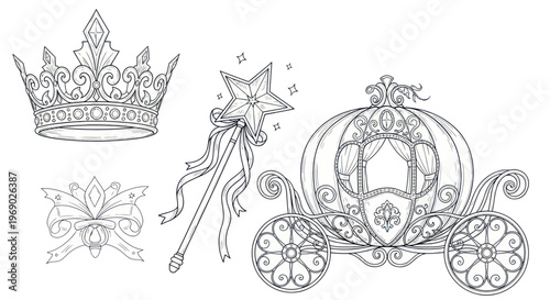 Fairy Tale Elements: Crown, Magic Wand, Pumpkin Carriage, and Bow Icon, Hand-drawn Sketch