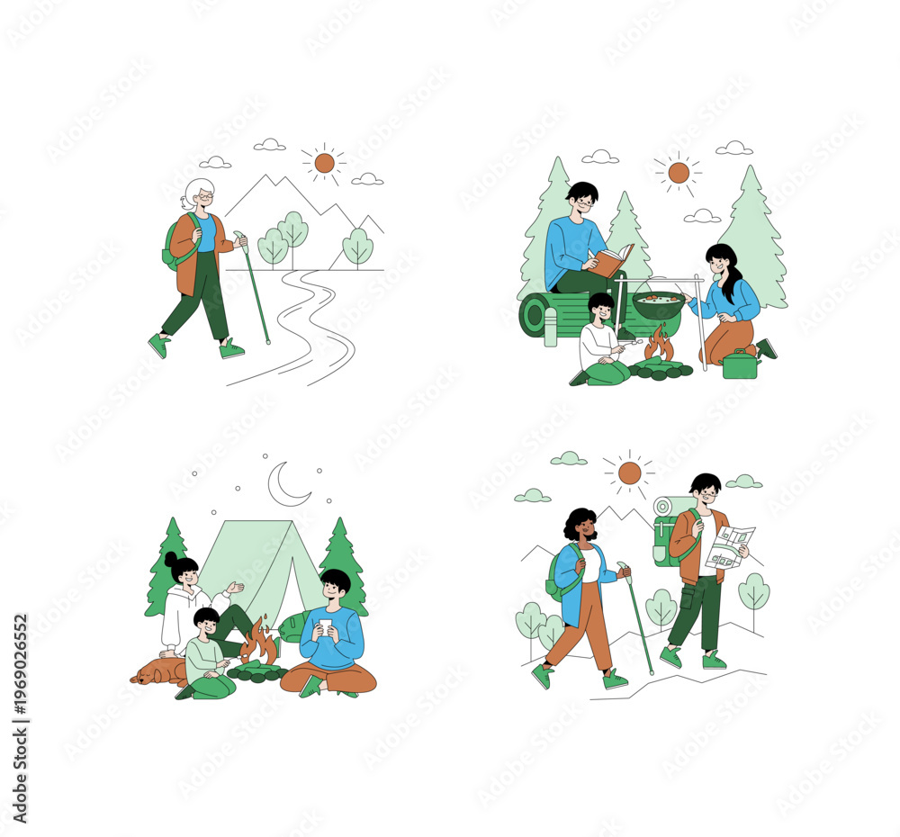 Naklejka premium Outdoor Hiking and Camping Vector Illustration Set