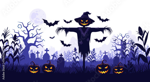 Scary Halloween Scarecrow in Graveyard with Pumpkins and Bats