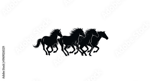 Silhouette of four horses galloping across a white background