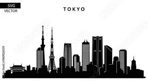 Tokyo Skyline Silhouette, Iconic Buildings, Japan Cityscape Vector Art