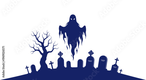 Spooky Ghost Haunting Graveyard at Night with Bare Tree Silhouette