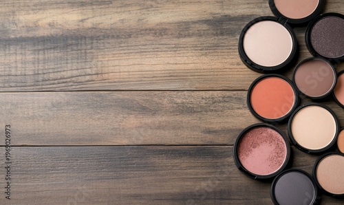 A collection of cosmetic powders arranged on a wooden surface.