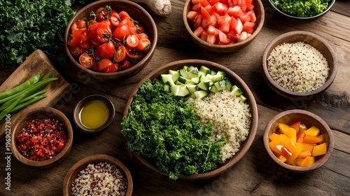 A colorful assortment of fresh vegetables and grains for a healthy meal.