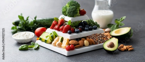 A colorful food pyramid showcasing healthy ingredients and dairy.