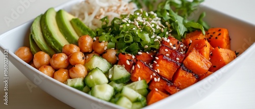 A colorful salad bowl featuring fresh vegetables and chickpeas.
