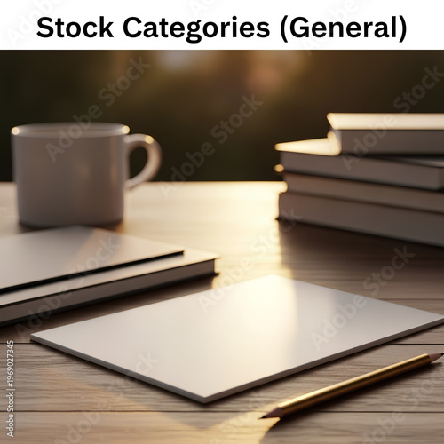 Workspace with a mug books and a pen on a wooden table.