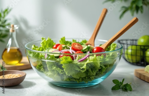 Large glass bowl holds fresh green lettuce, red tomatoes, cucumber, and onion slices. Wooden salad servers rest inside, ready for meal prep. Healthy eating ingredients for a balanced diet.