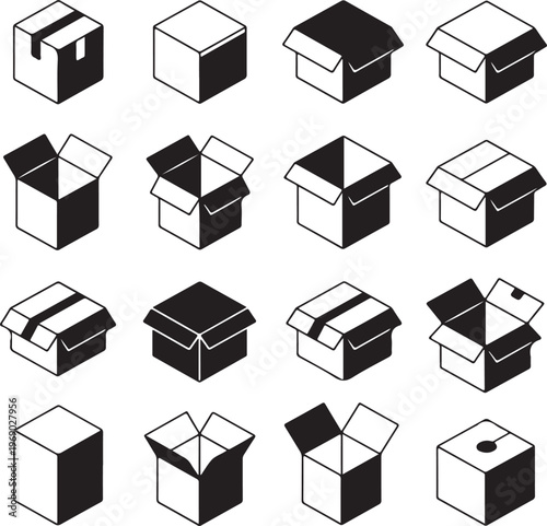 Set of isometric cardboard boxes different open and closed states.