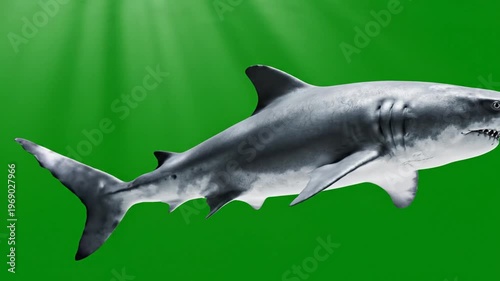 A large shark swims through clear water with sunlight filtering down.