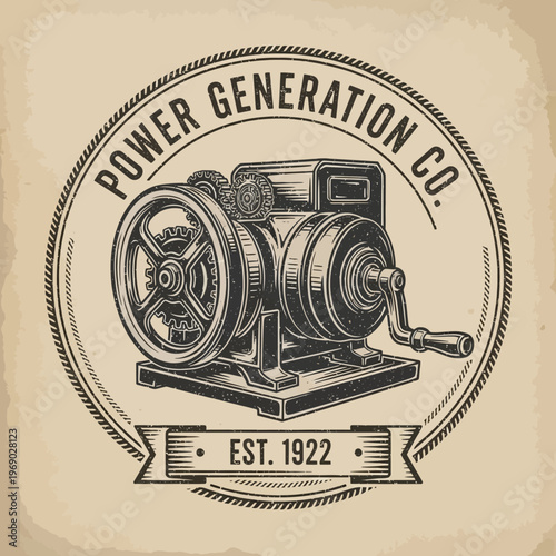 Power Generation Co. Emblem with Vintage Industrial Generator on Light Grunge Background