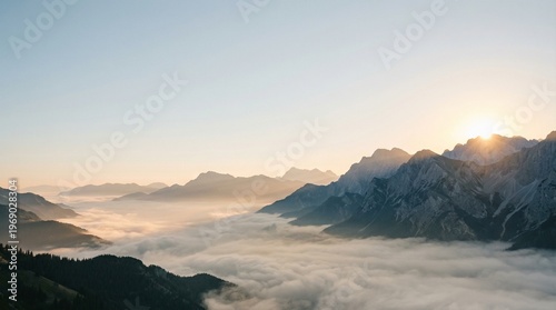 Obraz na płótnie Breathtaking sunrise over a majestic mountain landscape with a valley blanketed
