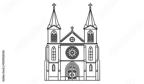 Church coloring page with twin towers and crosses black and white line art vector isolated on white background