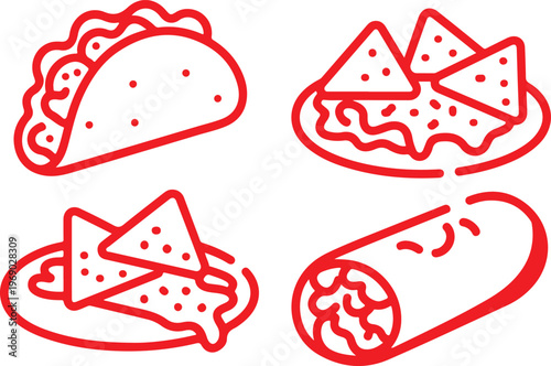 Mexican food set with taco and nachos and burrito dishes illustration.