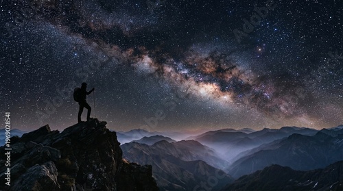Bilde på lerret Lone Hiker Silhouetted on a Mountain Peak Under a Dazzling Milky Way and Starry
