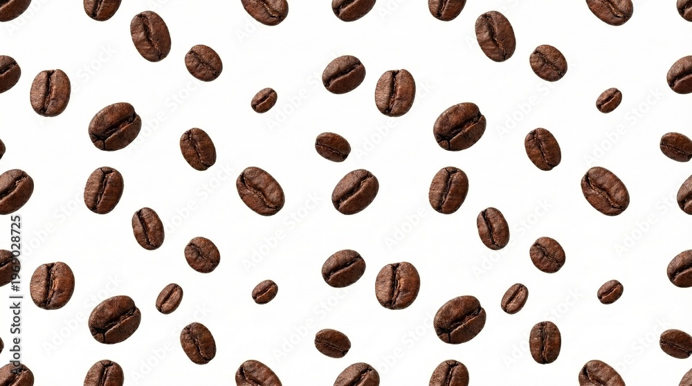 Obraz premium Seamless pattern of scattered roasted coffee beans of varying sizes against a clean white background.