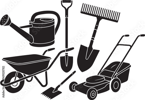 Collection of gardening tools including lawn mower and wheel barrow.