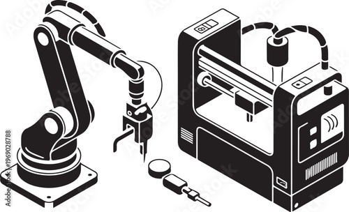 Advanced industrial robotic arm working next to modern printer unit.