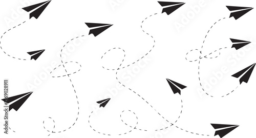 Paper airplanes flying with dashed lines showing their flight paths.