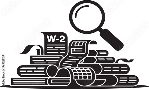 Tax documents W-2 form with magnifying glass business finance.