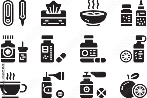 Medical items like thermometer medicine bottle and cup.