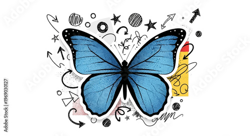 Blue butterfly with hand-drawn doodles and arrows on a collage background