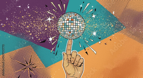 Disco ball spinning on fingertip, retro party, vibrant abstract background, celebration