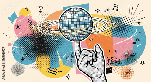 Disco ball spinning on finger with abstract retro shapes and music notes