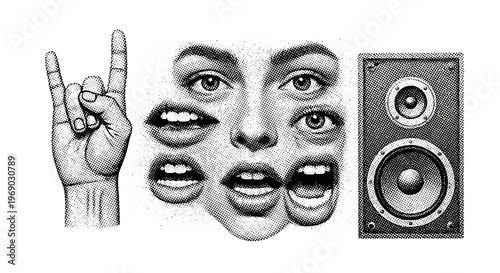Rock Hand Gesture, Surreal Face with Multiple Mouths, and Speaker: Music and Expression Concept