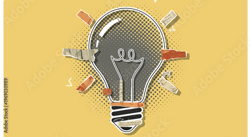 Creative Idea Light Bulb with Torn Paper Elements on Yellow Background
